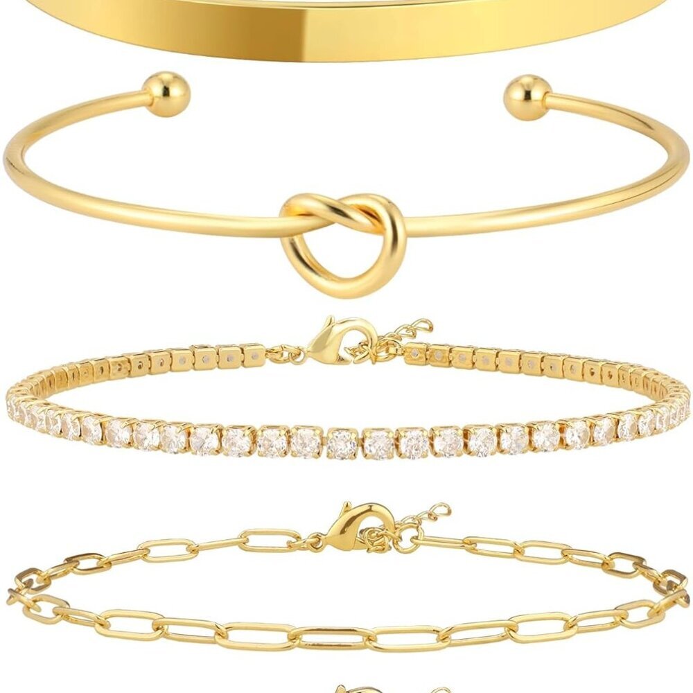 Gold Bracelet For Women Stack 14k Real Gold Plated Bangle Cuff Bracelet Set Gold